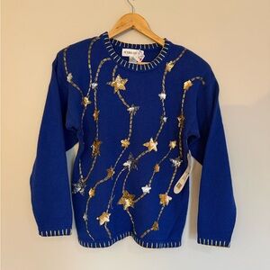 NWT Vintage Victoria Harbour Royal Blue Sequined Beaded Star Celestial Sweater